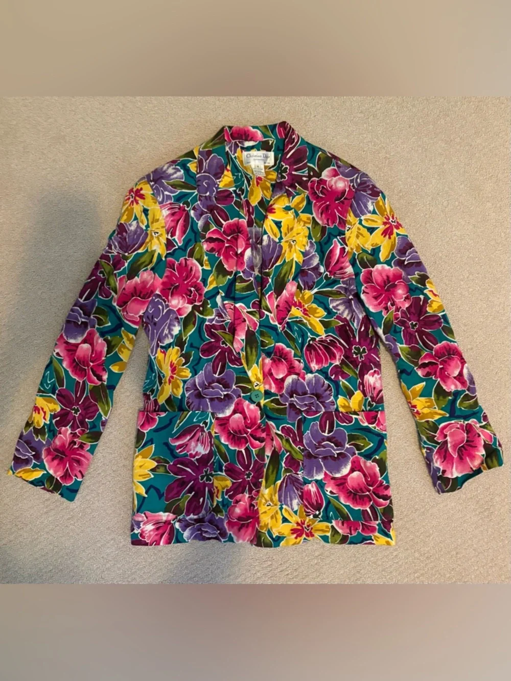 Christian Dior Vintage Floral Blazer Jacket Rayon Teal Pink Purple Size 8